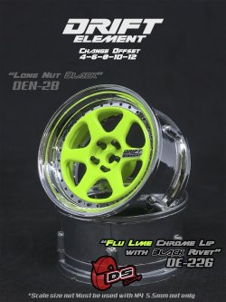 画像1: DRIFT ELEMENT SERIES RIM：Flu Lime 6Spokes Chrome Lip Black Rivets