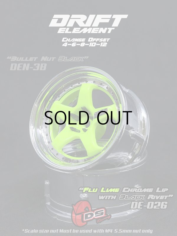 画像1: DRIFT ELEMENT SERIES RIM：Flu Lime 5Spokes Chrome Lip Black Rivets