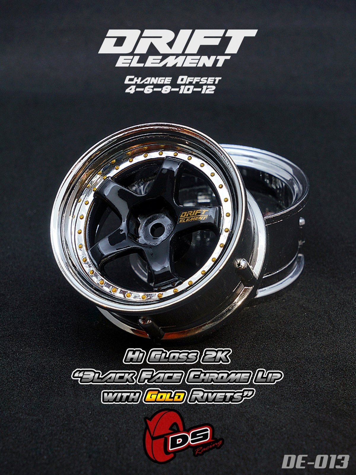 画像1: DRIFT ELEMENT SERIES RIM：Gloss Black 5Spokes Chrome Lip Gold Rivets