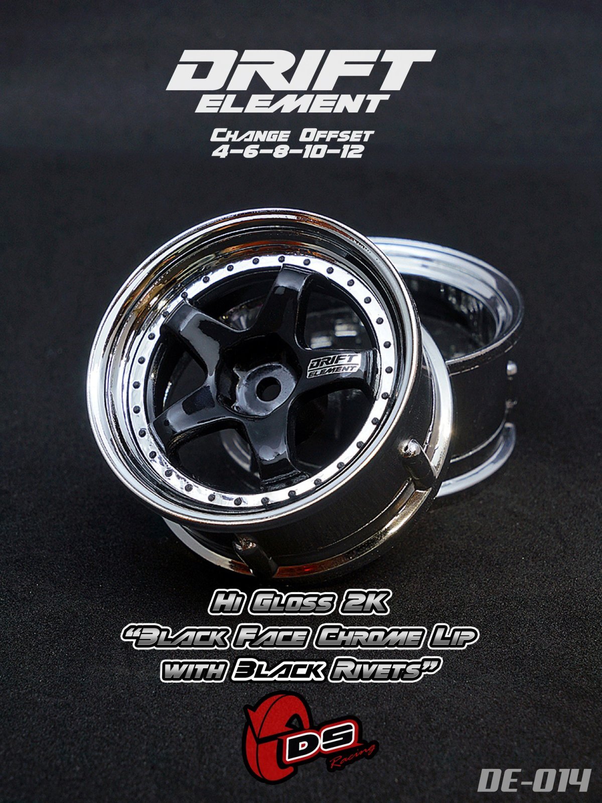画像1: DRIFT ELEMENT SERIES RIM：Gloss Black 5Spokes Chrome Lip Black Rivets