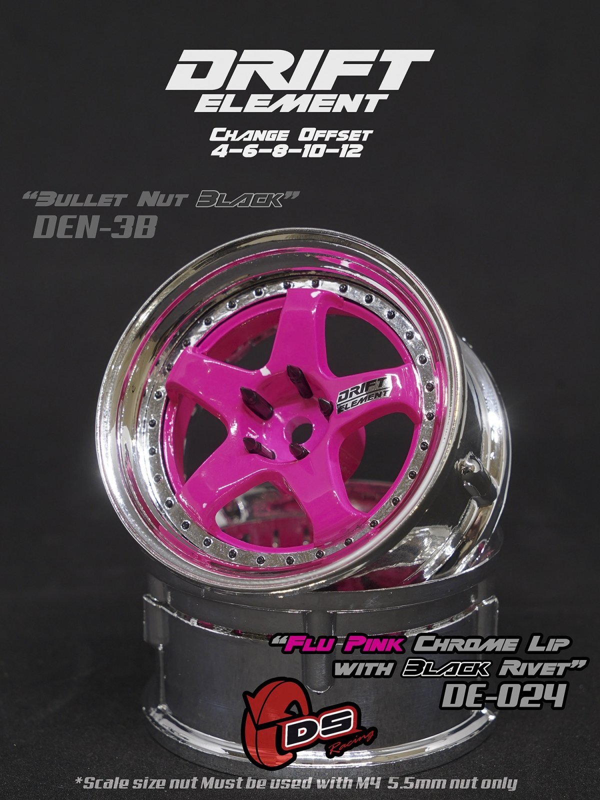 画像1: DRIFT ELEMENT SERIES RIM：Flu Pink 5Spokes Chrome Lip Black Rivets
