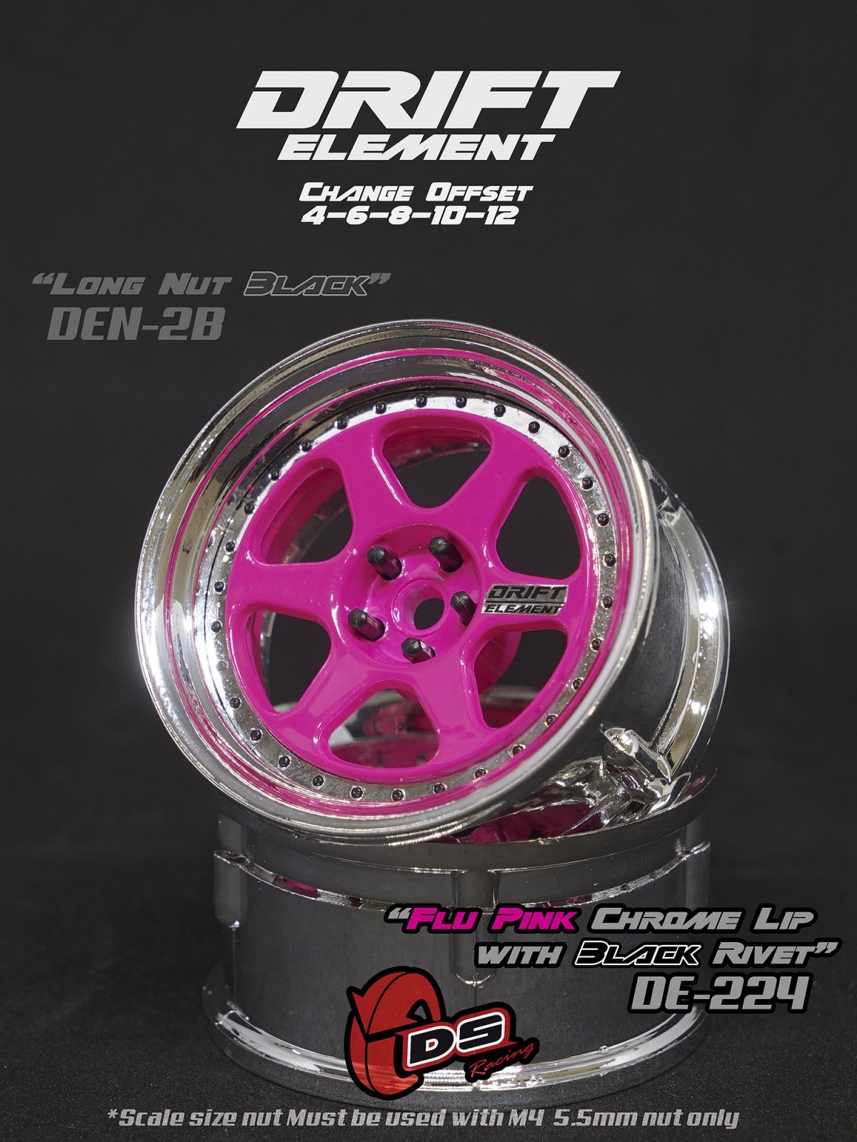 画像1: DRIFT ELEMENT SERIES RIM：Flu Pink 6Spokes Chrome Lip Black Rivets