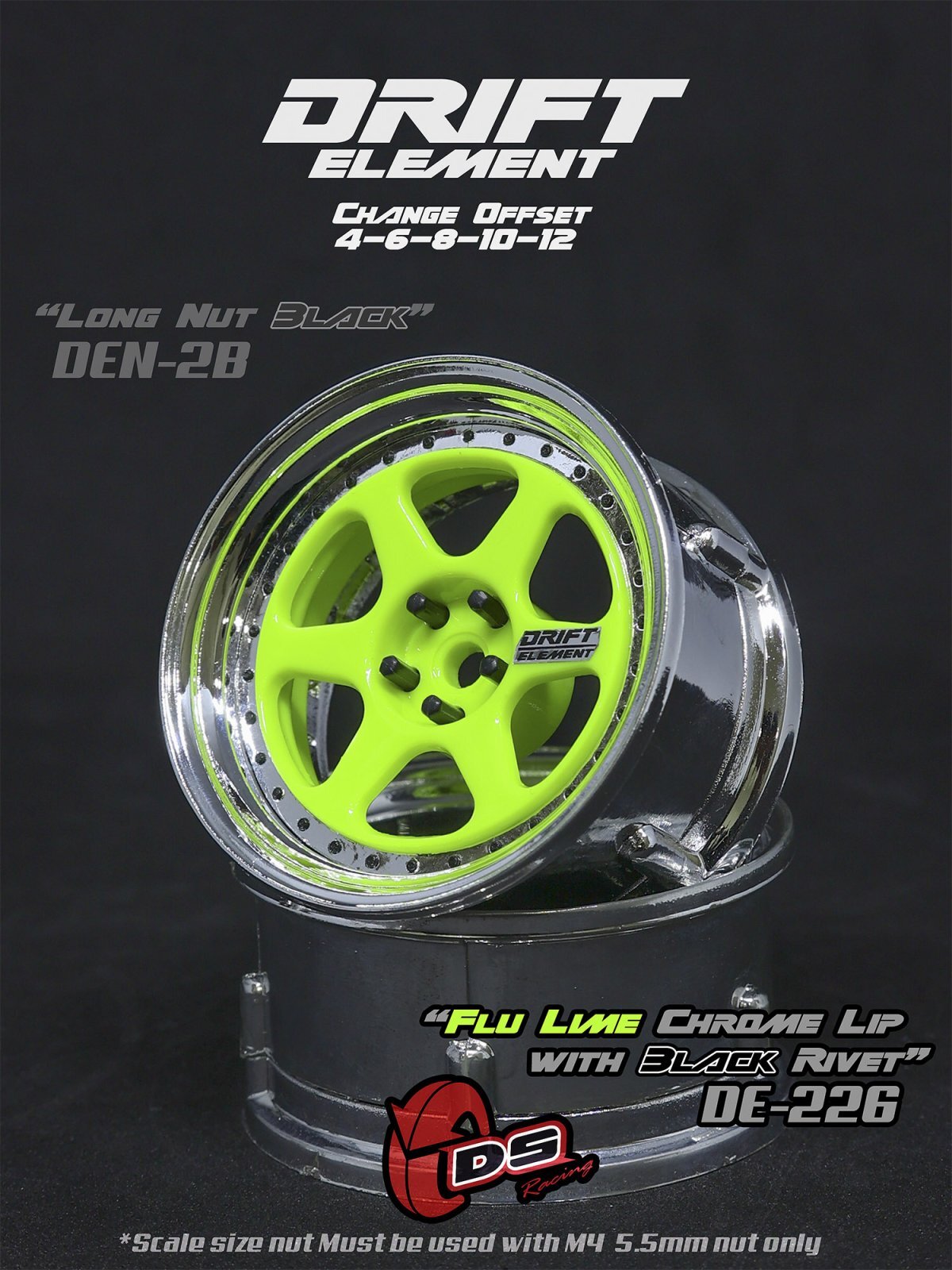 画像1: DRIFT ELEMENT SERIES RIM：Flu Lime 6Spokes Chrome Lip Black Rivets
