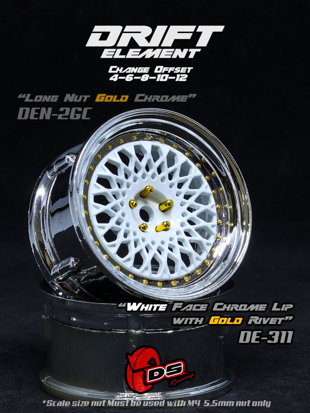 画像1: DRIFT ELEMENT SERIES RIM：White Mesh Chrome Lip Gold Rivets